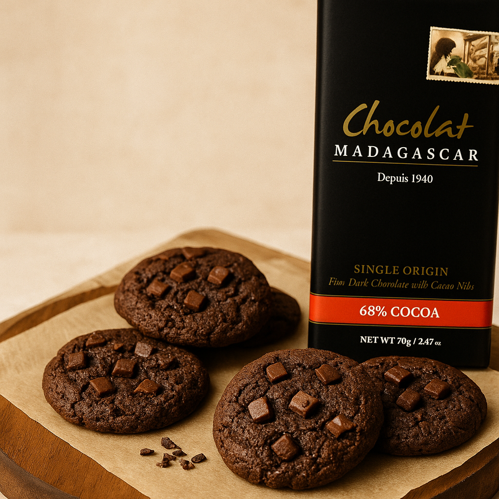 A wooden board with four soft chocolate cookies studded with chunks of chocolate and cocoa nibs, next to a standing bar of Chocolat Madagascar 68% cocoa dark chocolate with cacao nibs on a warm beige background.